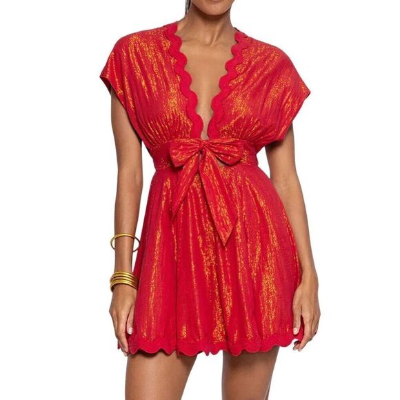 Nora Sunset Red & Gold Wrap Sundress Large - Picture 1 of 9